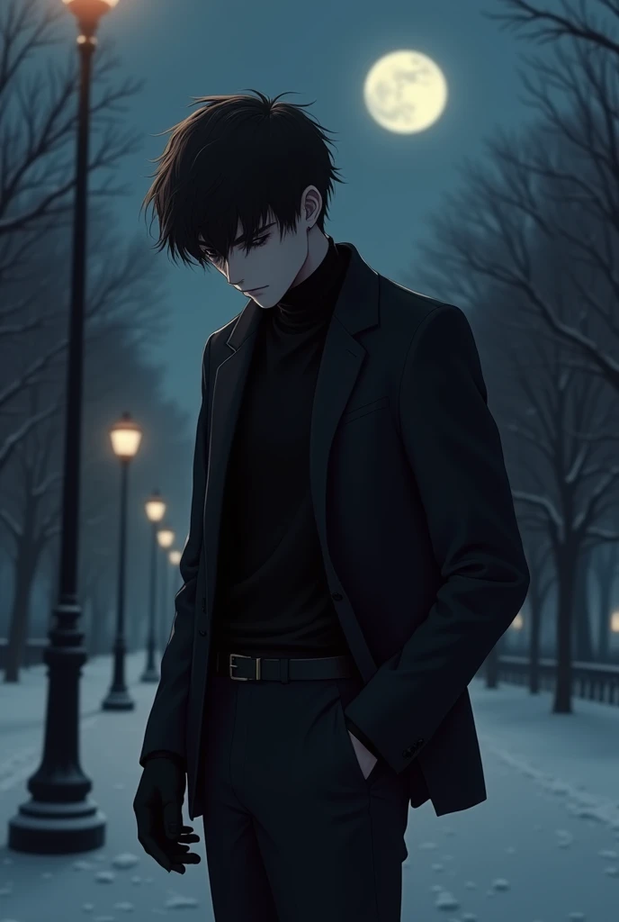 Young guy 25 years old slim , 50 cm bust , black hair tousled top , handsome , standing in city park passege near lamp post at night under moon empty  , head down , depressed , black winter shirt with turtle neck tshirt ,black gloves ,  black classy trouse...