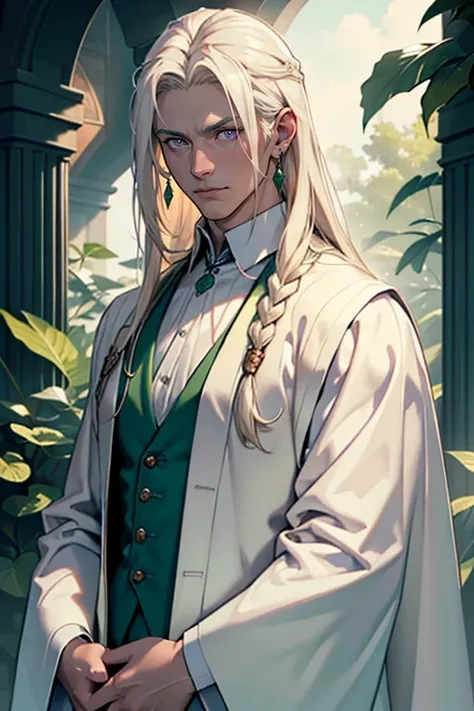 ((masterpiece)), (((best quality))), solo, wizard, 1 male, pale white skin, (long platinum blonde hair), (((straight hair))), side part, very handsome young man, beautiful face, tall, fit, (large defined pecs), (toned arms), purple eyes, realistic clothing...