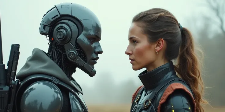 two humans facing each other on a futuristic battlefield with twin faces, carrying weapons, on the left a half-cyborg human carrying an advanced technology weapon, on the right an ordinary human holding a modern weapon, with a brave face