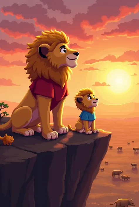 Prompt: A pixel-art-style cartoon lion with fluffy golden hair, wearing a red T-shirt, stands majestically on a high cliff at sunset, overlooking a vast savannah. His cub, with fluffy hair, blue eyes, and a blue T-shirt, sits beside him, staring in awe. Th...