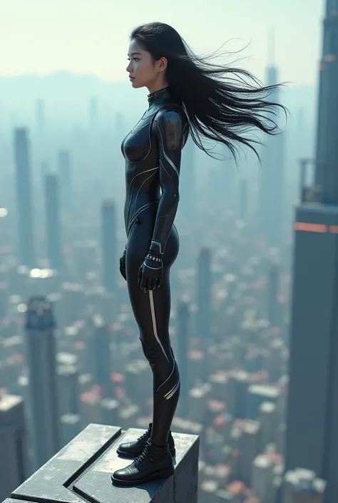 a girl seventeen black hair cool face in sci fi suit stand on the top tower