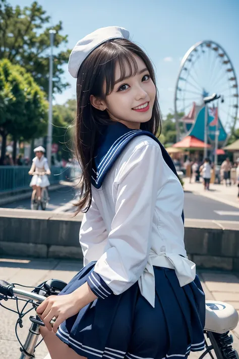   High Quality ,   detailed eyes,   has long eyelashes,   High Quality ,  cute girl,take ,vehicle, ( riding a bike:1.5) ,(( sailor suit:1.5)), ((navy blue long skirt 1.5)), ((navy blue long skirt 1.8)),  dynamic photography at Disney and ride ,laugh hyster...