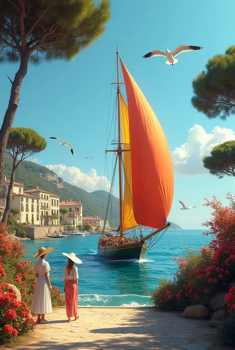 Photo dun magnifique voilier coloré avec les voiles dehors qui passe devant un joli petit village provençal côtier rempli de belles fleurs de toute les couleurs, et de magnifiques pins parasols partout, avec des magnifiques voitures anciennes des années 19...