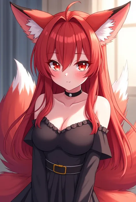 one girl, anime style, fox ears and six tail, off shoulder, medium breasts, shy, blush, navel, choker, obedient, red long hair, light red eyes, holding , (masterpiece:1.4), official anime still, 2 d anime style, badas anime pose, anime style 4 k,  anime st...