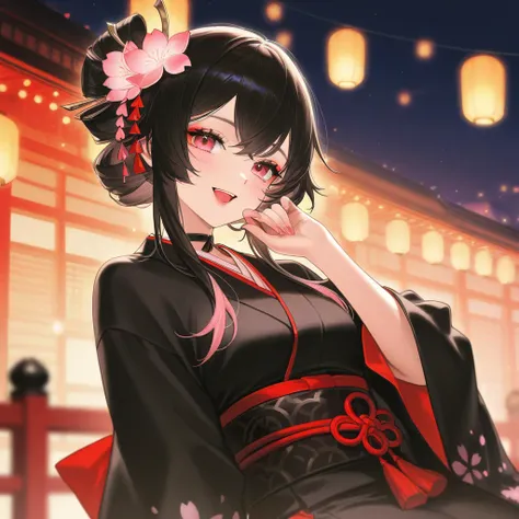  bewitching smile 、 Night Sakura、 ruddy black kimono、Singing、woman、 Japanese metal 、Onmyoji 