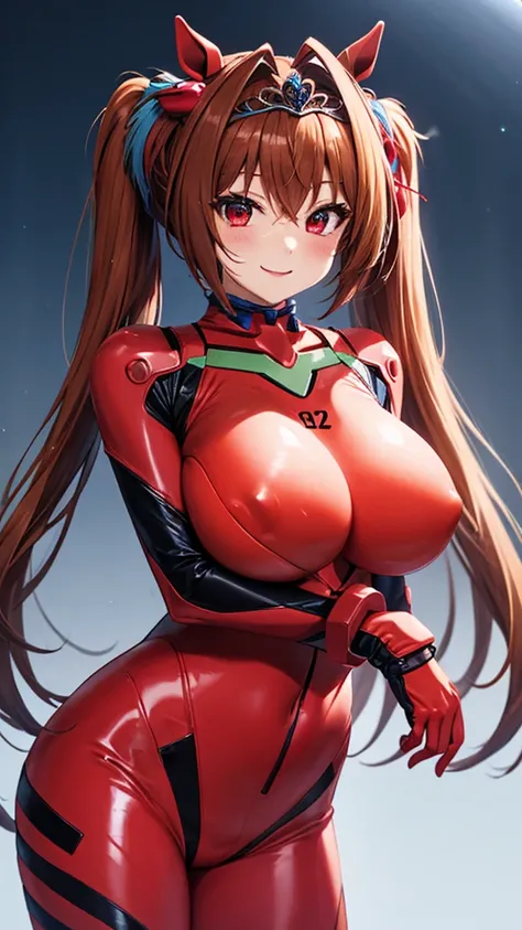  Daiwa scarlet （Horse Girl）, asuka  cosplay costume,  cosplay,  PLUG SUIT,  Bodysuit ,  hair ornament 、Reddish brown hair、 twin tails、Big Twin Tails、Put a tiara on your head、 very very long horse ears、、、、、Red eyes、 red eyes、 big eyes、 very very very big br...