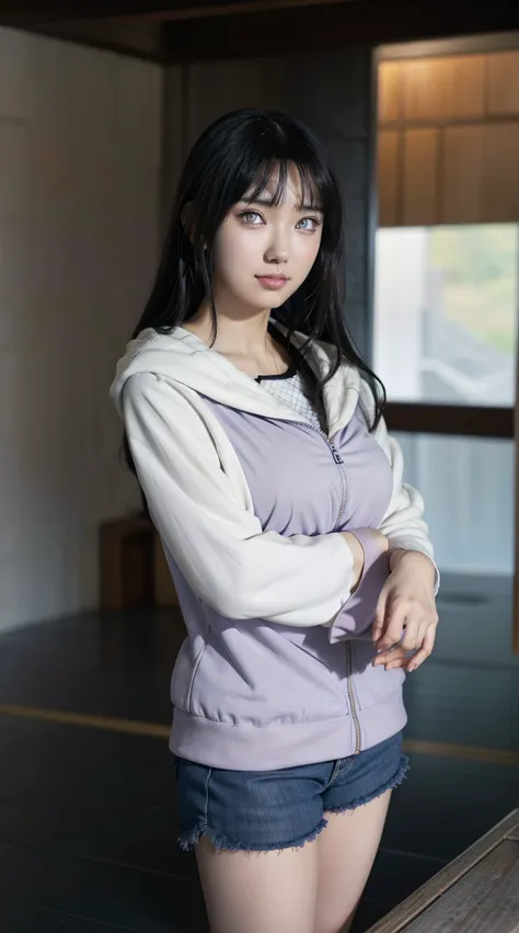 hinata from boruto anime, aika-sawaguchi, shoulder length hair, bangs, black hair, white eyes, pretty, beautiful woman, slight smile, perfect body, standing, looking at viewer, big , wearing light purple hoodie, shorts.