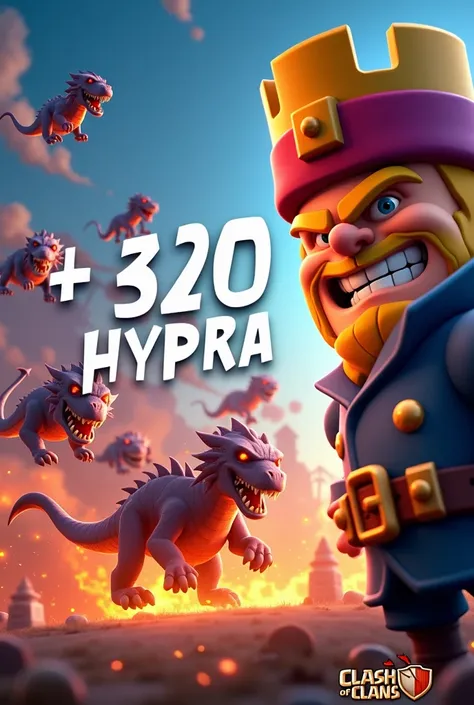 A vibrant Clash of Clans-themed thumbnail featuring a close-up of a Minion Prince with a menacing grin on the right side, highlighted by bold and colorful outlines. On the left, a dynamic battle scene shows multiple flying Hydra troops attacking a fiery ba...