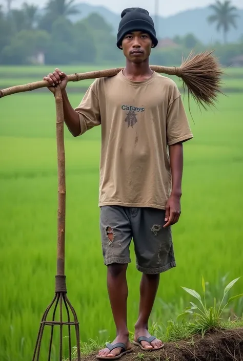 Indonesian male, s . Wearing a worn T-shirt, torn shorts, flip-flops. Wearing a black beanie hat. Standing on a rice field embankment and carrying a hoe on his shoulder. Face facing the camera. Background of rice fields.