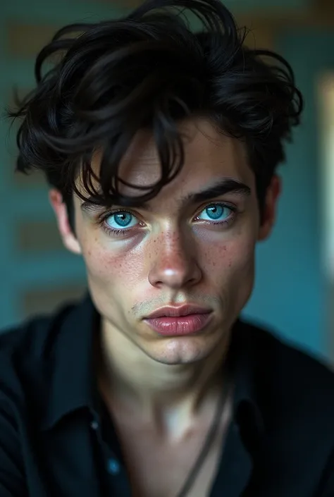  His eyes were so intense blue that they seemed to vibrate .  The silver around the pupils danced , playing with the irises .  His dark and disheveled hair gave him an aura of rebellion.  The jaw was strong and marked ,  the nose was straight and the lips ...