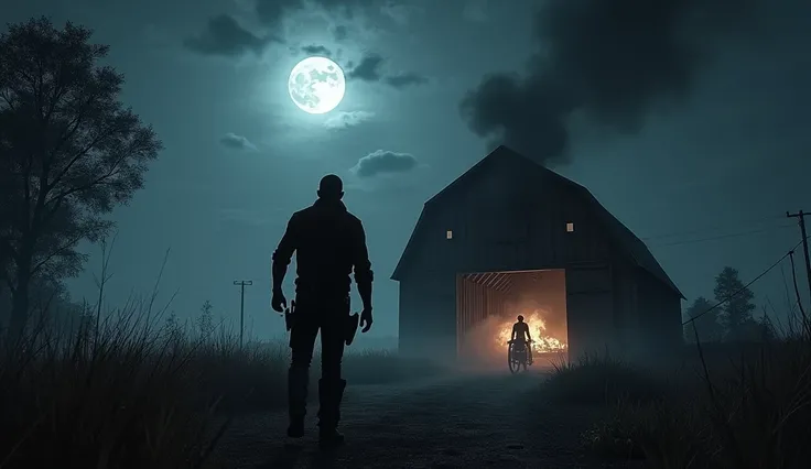 Under the moonlight, bikers attempt to breach Hank’s fortified barn. Smoke bombs and makeshift traps trigger around them as Hank watches from a hidden position, his figure partially silhouetted. hyper realistic