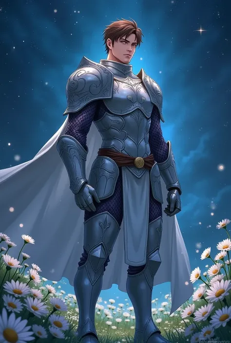 White skinned man with brown eyes, short brown hair, wearing a silver armor, brown shoes, pectorals of armor, all body, masterpiece, best quality, high quality, mature man without beard, no beard, anime style, (((blue ilumination))), night star sky, flower...