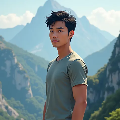 Chàng trai trẻ Việt Nam, about 20 years old, has beautiful eyes,  high nose , short hair,  wearing short-sleeved shirt, standing on top of a mountain 