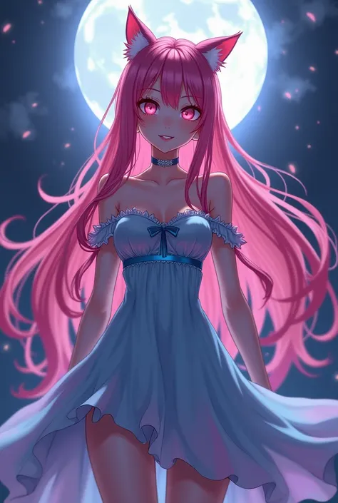 (Best quality,8K,high resolution,masterpiece:1.2),Digital Artwork, Anime girl with cat ears，Delicate face，Delicate eyes， pink Hair，long and straight hair, blue and pink dress, yandere girl, yandere evil laughing expression, badas stylized anime pose, badas...