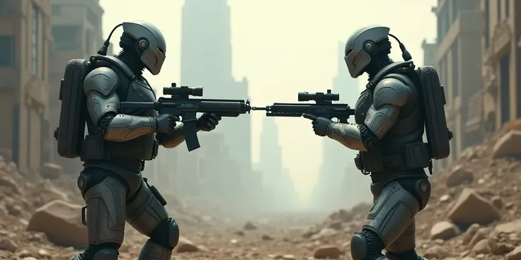 two humans facing each other on the battlefield in the middle of a destroyed futuristic city with twin faces, carrying weapons, on the left a half-cyborg human carrying an advanced technology weapon, on the right an ordinary human holding a modern weapon, ...