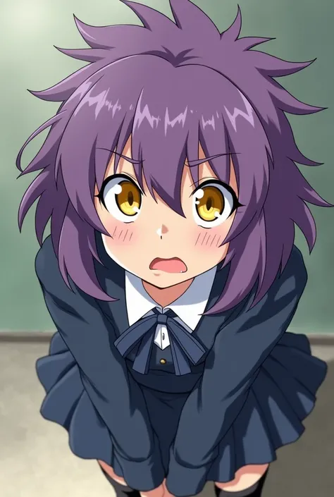 Girl with medium spiky purple ecaveko, big bangs, big yellow eyes Cartoon, anxious look, Japanese female school uniform, long uniform skirt, dark blue uniform,  long black socks 