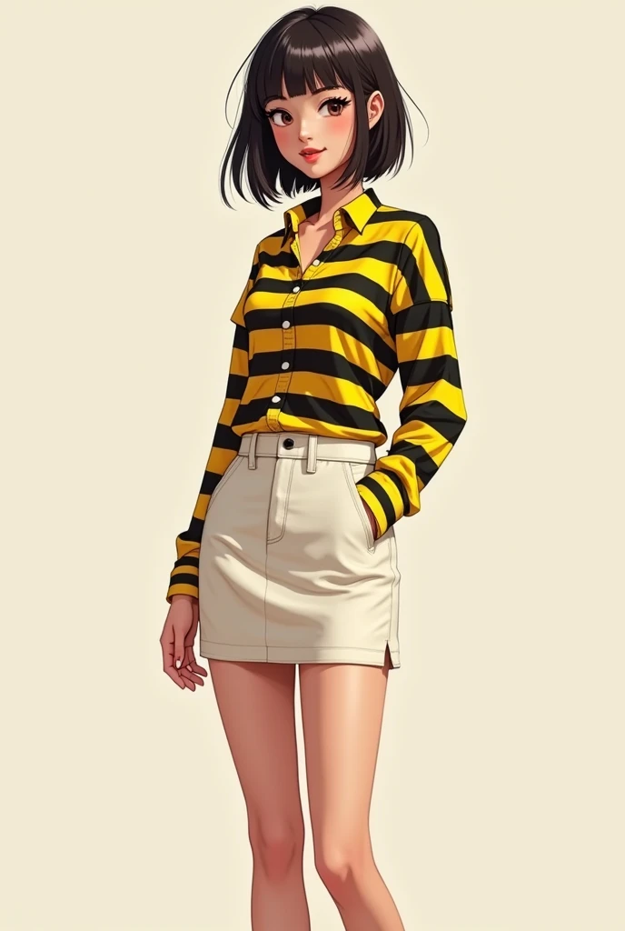 A girl 18 years old with tight short milk colour skirt and a yellow colour and black lines shirt with bottoms and  full img of body