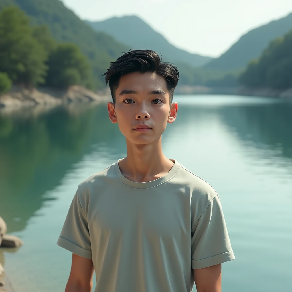 Chàng trai trẻ Việt Nam, about 20 years old, has beautiful eyes,  high nose , short hair,  wearing short-sleeved shirt, standing on a lake  