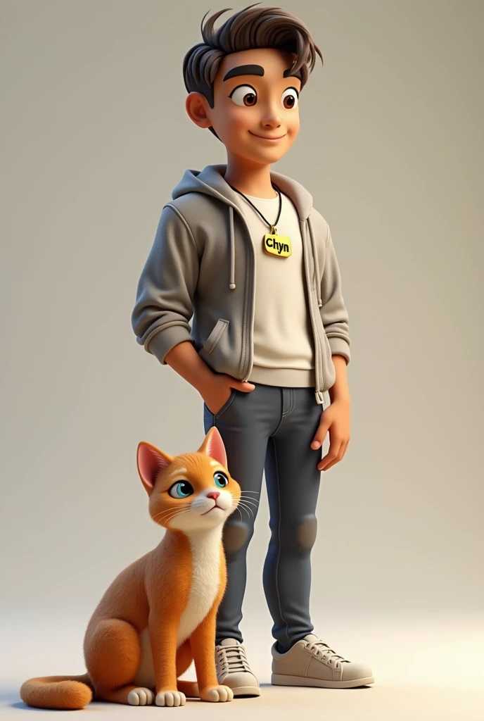 3D man with a cat, the cat name is CHYN in the necklace 