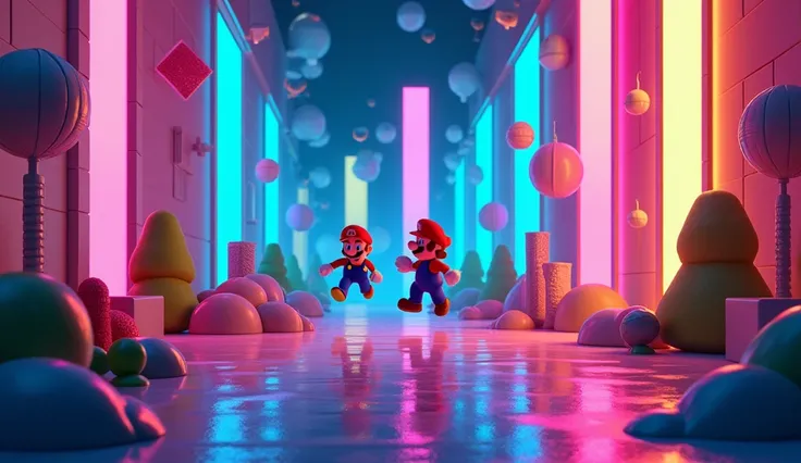 Colorful neon lights with a high contrast, inspired by the visual style of the Mario games. The scene features vibrant neon colors, with glowing blues, pinks, greens, and yellows, creating a lively, playful atmosphere. The background should include abstrac...