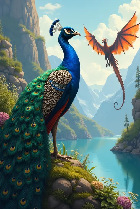 Generate a picture of peacock with dragon without combination of them 