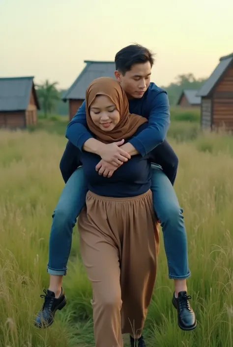 An Indonesian middle aged woman is wearing brown hijab, navy blue long sleeved top, light brown low waisted culottes, and black heeled sandals. The woman has a huge and muscular figure. The woman is walking through a wild grass ground while a little bowing...