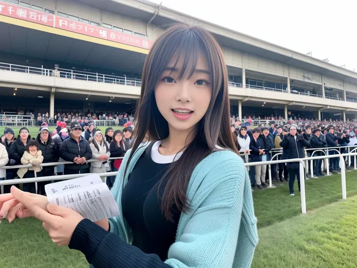 highest quality，masterpiece，Ultra-high resolution, Very detailed, 8k,circuit pit,Femele Japanese 22-24years-old girl,wintter fassion,long sleeves,back shot,head backshot,She is cheering by raising her fist while holding a horse racing ticket.,She is cheeri...