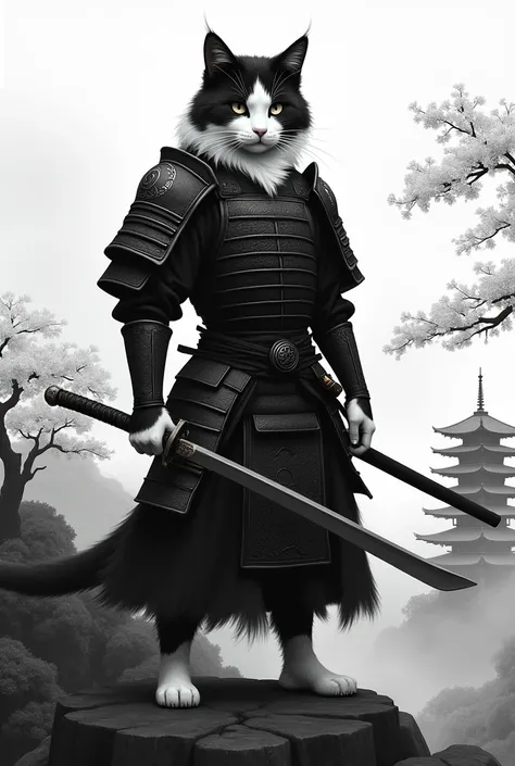 Samurai black and white cat