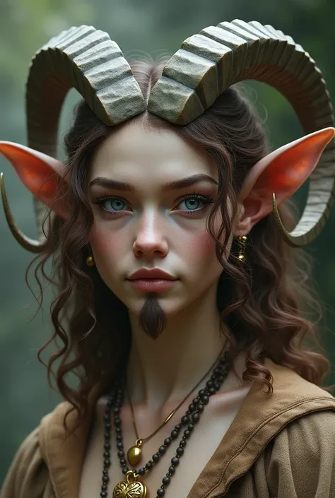 (photorealism:1.2), Masterpiece, Satyr, curved horns with a white base that fades into a dark grey as the color gets closer to the tip of the horn, light brown fur, long goatlike ears with 2 small round earrings in both ears, blue eyes, medium length curly...