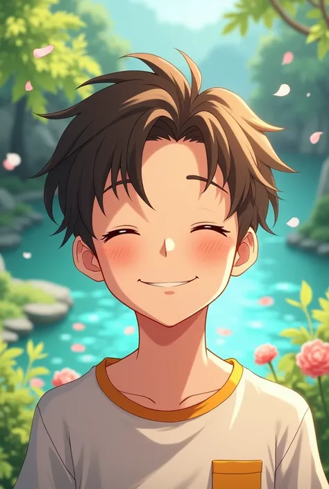 bright handsome anime boy, teen, smiling (happy closed eyes), beautiful scenery background, ash brown hair