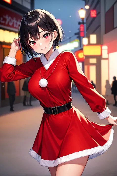 best quality, 8k, very delicate and beautiful, highly detailed face and skin texture, shiny skin, high resolution, huge tits cute black short hair japanese girl in sexy red santa dress walking on street at night with huge smile, under, neon light, with sno...