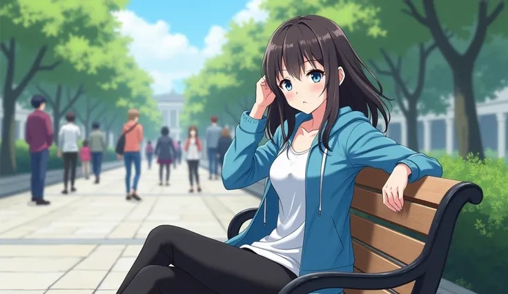  you can make an 18-year-old girl ,  white skin ,  dark brown hair and waist-length,  sky blue eyes, white flannel, light blue jacket and black pants ,That Im sitting on a bench in a square and there are a lot of people,For a wallpaper,  anime style  