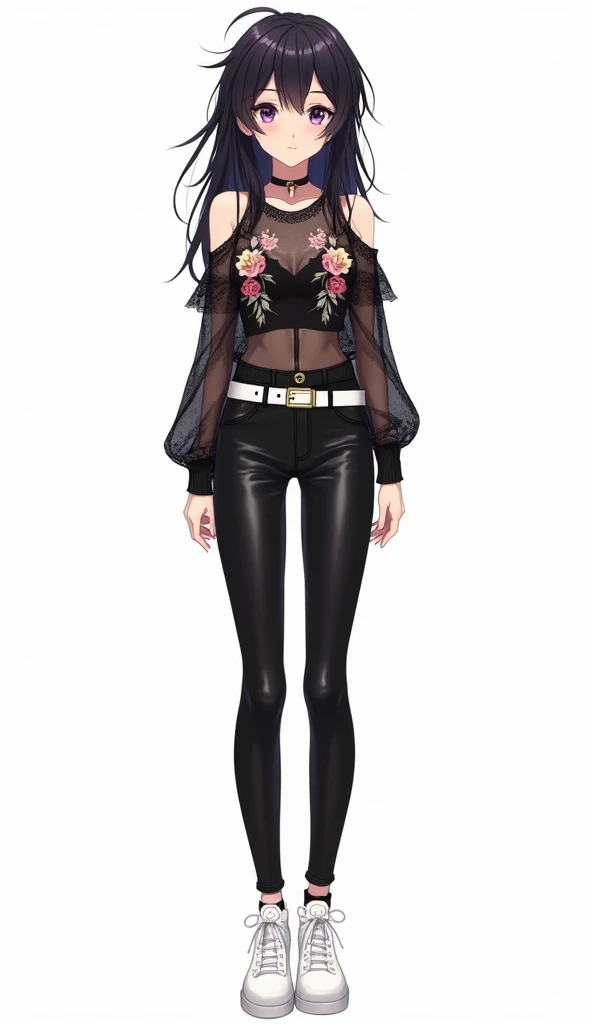 An anime teenage woman wearing a semitransparent black lace blouse, decorated with floral details in shades of pink and beige bare shoulders.  She wears tight pants made of leather or vinyl material in black color ,  combined with a white belt that highlig...