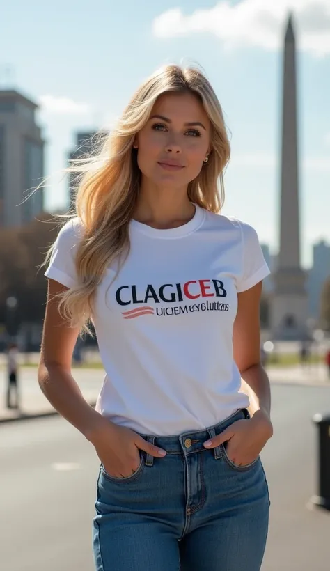  beautiful woman , beautiful, blonde, naughty,  seductive,  big breasts, wearing tight blue jeans , white t-shirt with the text  " CLAGCEB Web Solutions   "  printed on it .  In the background you can see the Obelisk in Buenos Aires Argentina 