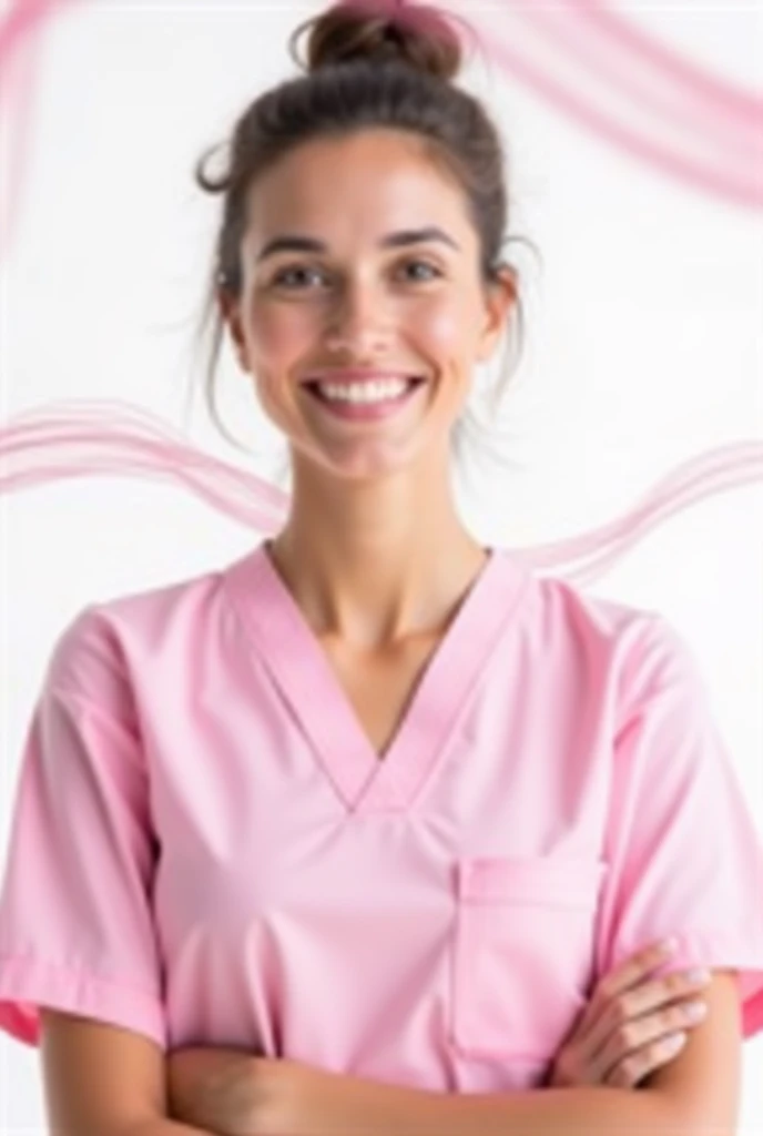 Photograph of a physiotherapist in uniform 
pink on a white background with some blurred lines 