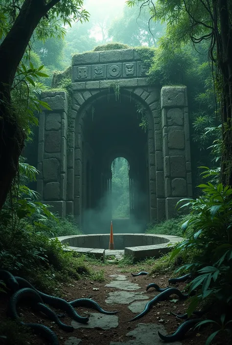 "An ancient, terrifying ruin hidden deep within the Amazon rainforest, surrounded by dense jungle. The ruins are partially covered in moss, vines, and cracks, with glowing mysterious symbols on the walls. A deadly pit with sharp spikes is visible near the ...