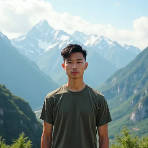 Chàng trai trẻ Việt Nam, about 20 years old, has beautiful eyes,  high nose , short hair,  wearing short-sleeved shirt, standing on the top of the mountain  