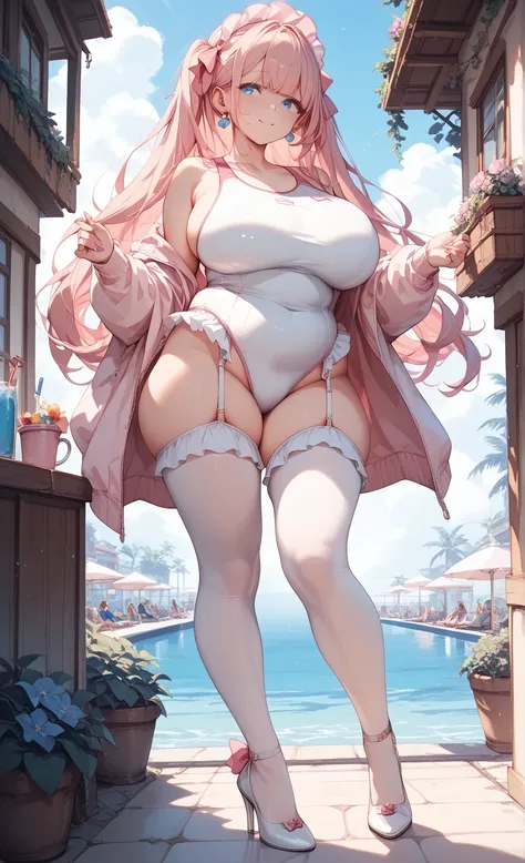   pink frill competitive swimsuit　　 frilly competition swimsuit 　 leotards　pink color pants , Super long hair,  Big Breasts , White tights　 Garter Belt　 high heels　 Around Town Plump Thighs