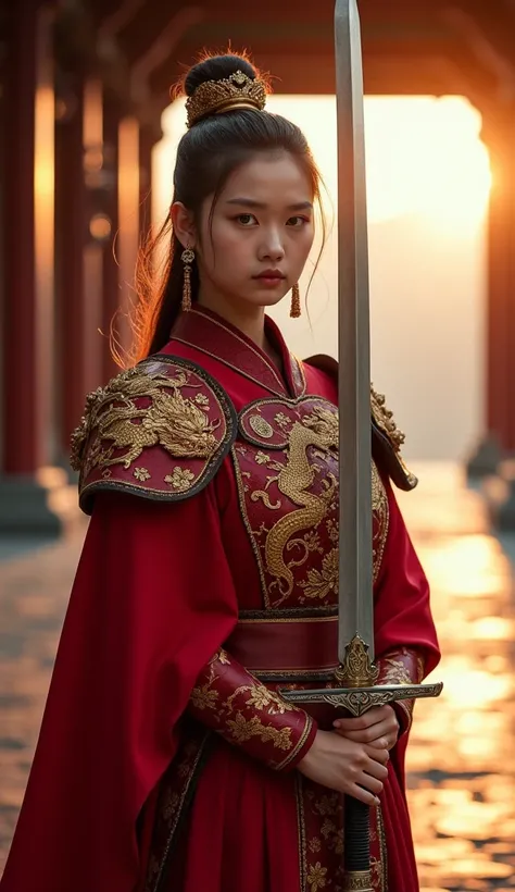 (Hold the  ancient Chinese Sword with both hands,  Ready  for battle,  looking at camera, Front view, full body, ancient Chinese girl, name is Shin Sekyung, 2 century, looking at viewer, beautiful Chinese  Young General,  girl is 22-age, serious, (ears dec...