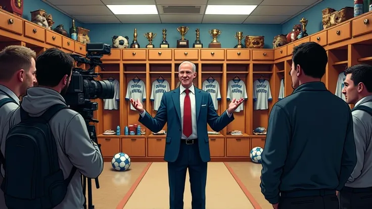 A coach talking to a documentary crew in a locker room filled with jerseys and sports equipment. illustration.