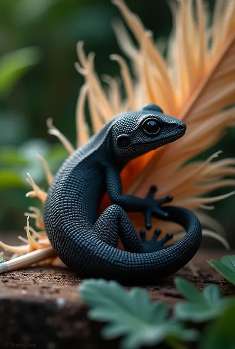 Small black gecko curling around a feather 