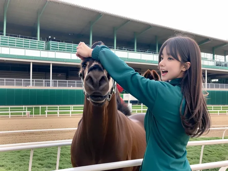 highest quality，masterpiece，Ultra-high resolution, Very detailed, 8k,circuit pit,Femele Japanese 22-24years-old girl,wintter fassion,long sleeves,back shot,head backshot,She is cheering by raising her fist while holding a horse racing ticket.,She is cheeri...