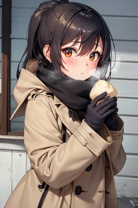 Generate of a woman who is photographed candidly not looking at the camera but looking at the hot steamed bun eating hot steamed bun in her hand in winter while wearing a scarf that almost covers half of her face and also a trench coat, cold smoke coming o...