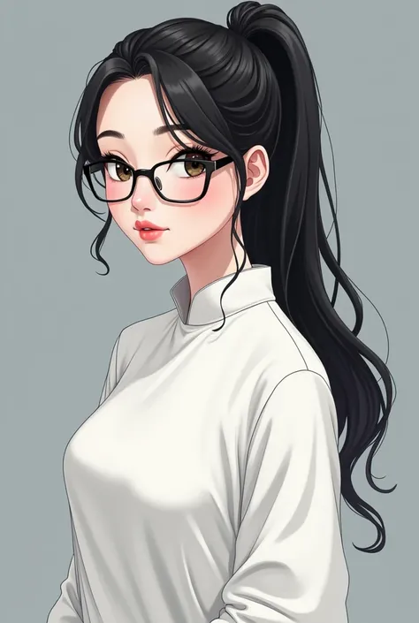 A anime white girl, wear glasses white beautiful kurta, ponytail black long hair, pink lips, black eyes, stand, grey background, ultra 8k quality