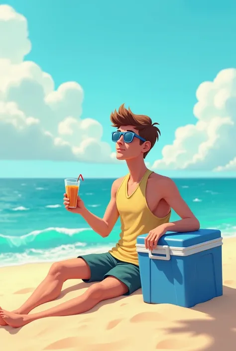 A 3D drawing,  of a vacationing young man , by the sea, Catching a sun ,  with a blue cooler box ,  of glasses and lying in the sand,  making a jewel 