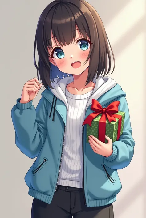  you can make an 18-year-old girl ,  white skin ,  dark brown hair and waist-length,  sky blue eyes, white flannel, light blue jacket,  black pants ,Hold a Christmas present with a happy expression, anime style  