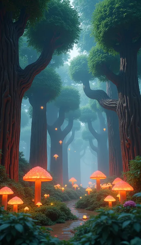 An enchanted forest of giant trees, with glowing mushrooms illuminating the ground and magical particles floating in the air at dusk, Minecraft style