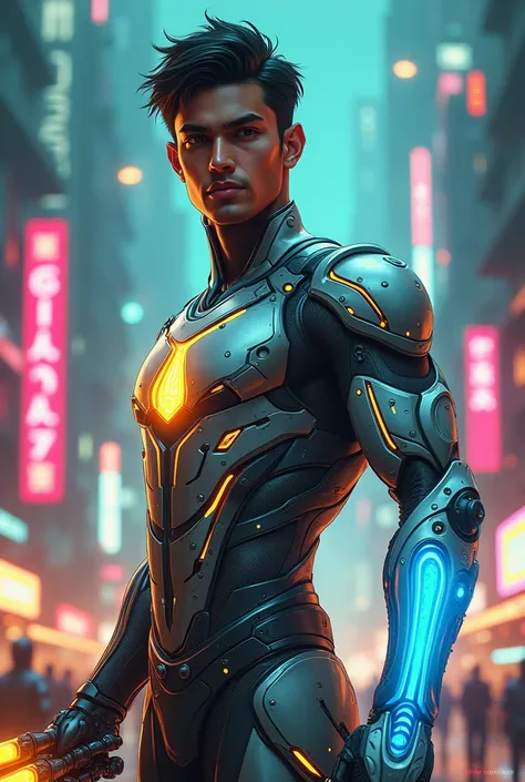 Here’s a detailed image prompt idea for your sci-fi cyborg character:  

**"A young, handsome Indian male under 25, with chiseled facial features and a glowing, confident expression. His physique is lean and muscular, enhanced by high-tech cybernetic enhan...