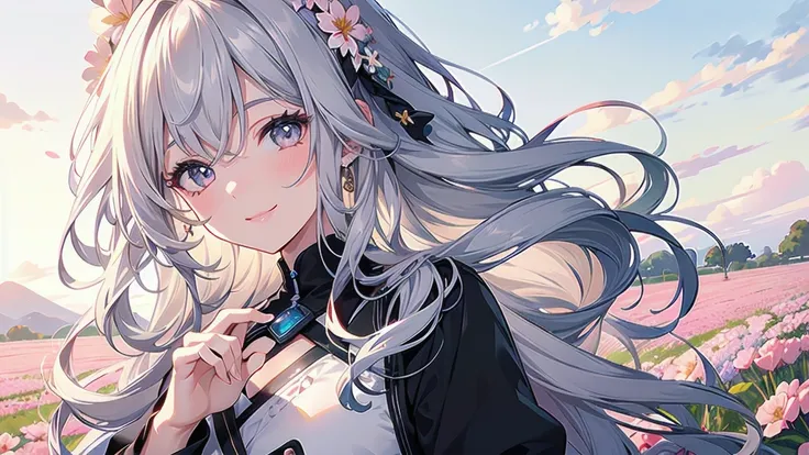  absurd,  high res, ( Official Art ,  beautiful and sophisticated :1.2), ( close-up view :1.2), Frontal composition, 
 1 girl, ( long hair:1.2), Grey hair , Wavy Fur , smile, 
The background is a beautiful sky with a field of flowers  (Eye-Catching Backgro...