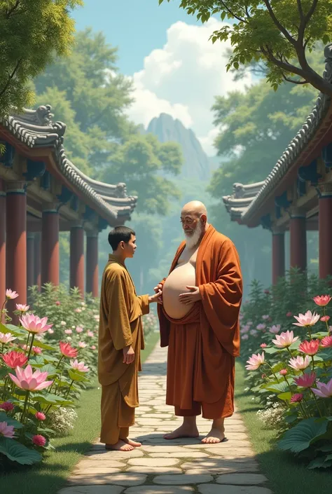 An wisdom full old man Chinese monk big Belly pregnant naked underpants standing and talking to his elder student, beautiful garden, flowers, surrounded by temples, beautiful scenario, trees,